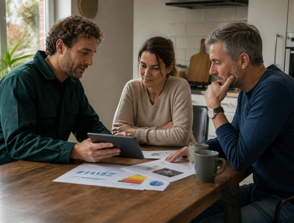 Energieadviseur bespreekt het verduurzamingsadvies met bewoners aan de keukentafel
