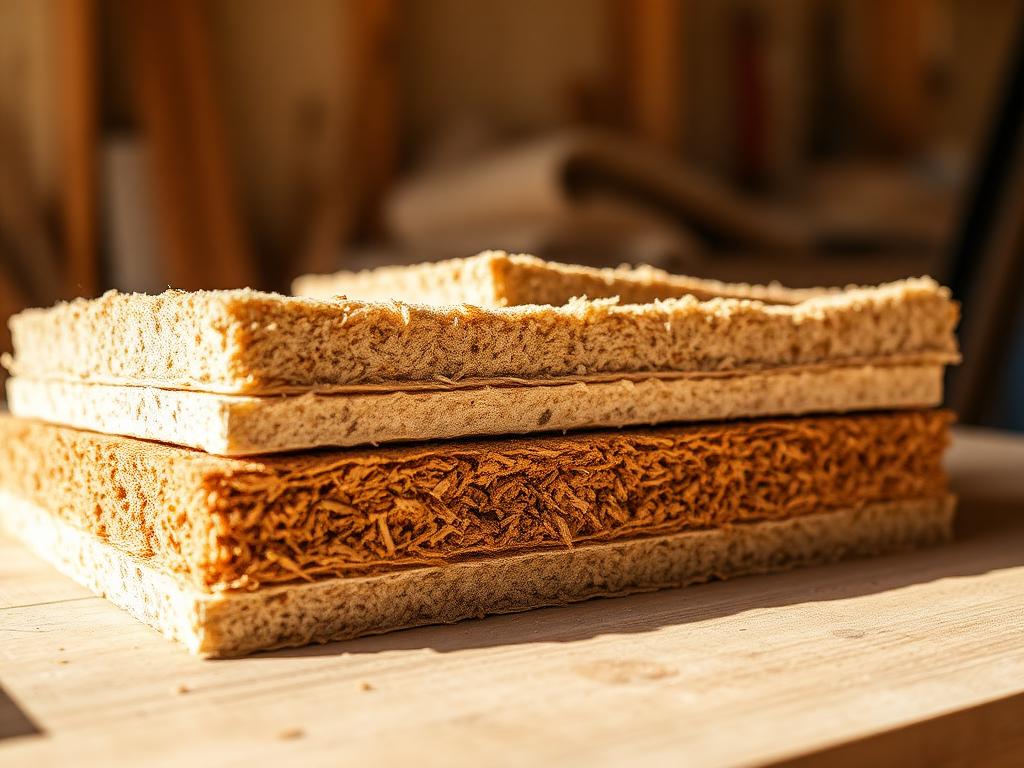 Stapel biobased isolatieplaten van hennep en houtvezel op een werkbank
