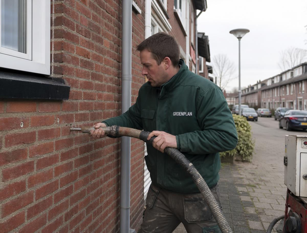Monteur blaast isolatieparels in de spouwmuur van een Nederlandse woning